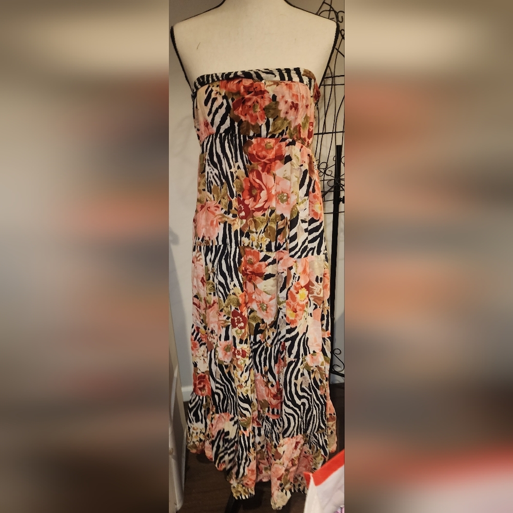 Ash + Sara Floral Zebra Print Strapless Maxi Dress S